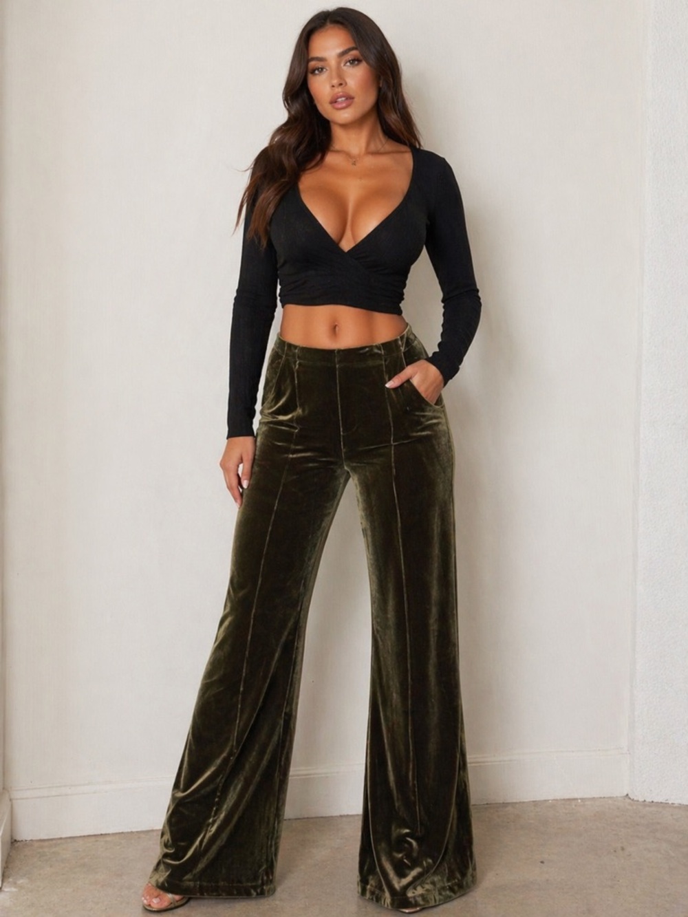 AKIRA Olive Green Velvet Wide Leg Pants High Waist Size S NWT